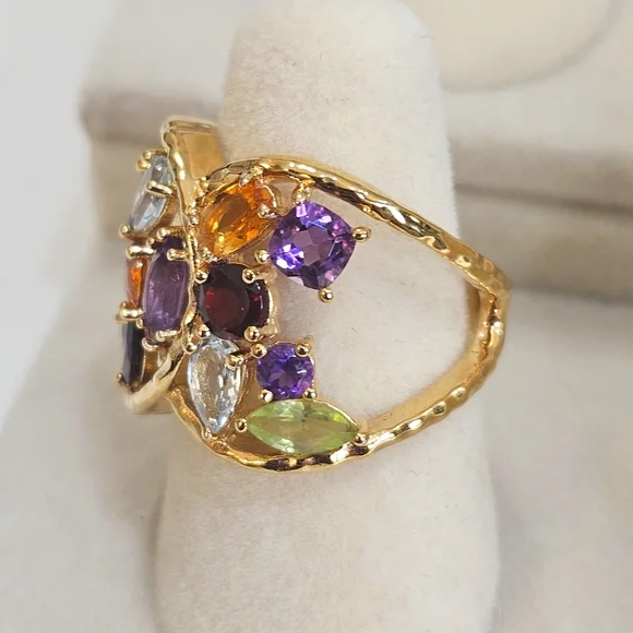Sterling Silver Vermeil Gold Multicolor Gemstone Cluster Ring Size 6 US